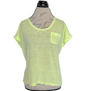 Loft Womens Blouse Yellow Neon Linen Short Sleeve Pocket Size Small V Neckline
